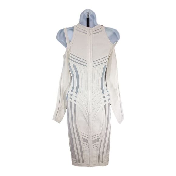 HOUSE OF CB London Bodycon Dress Mesh Cold Shoulder Knee-Length Ivory XS - Picture 3 of 5